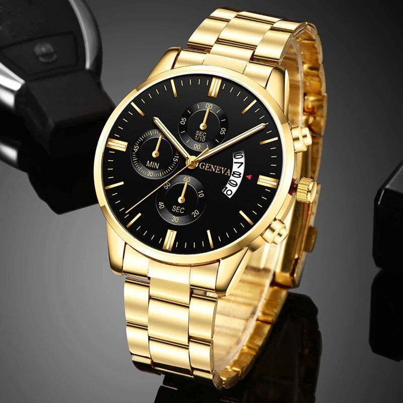 2023 fashion men gold stainless steel watch luxury calendar quartz wrist watch mens business watches for man clock reloj hombre