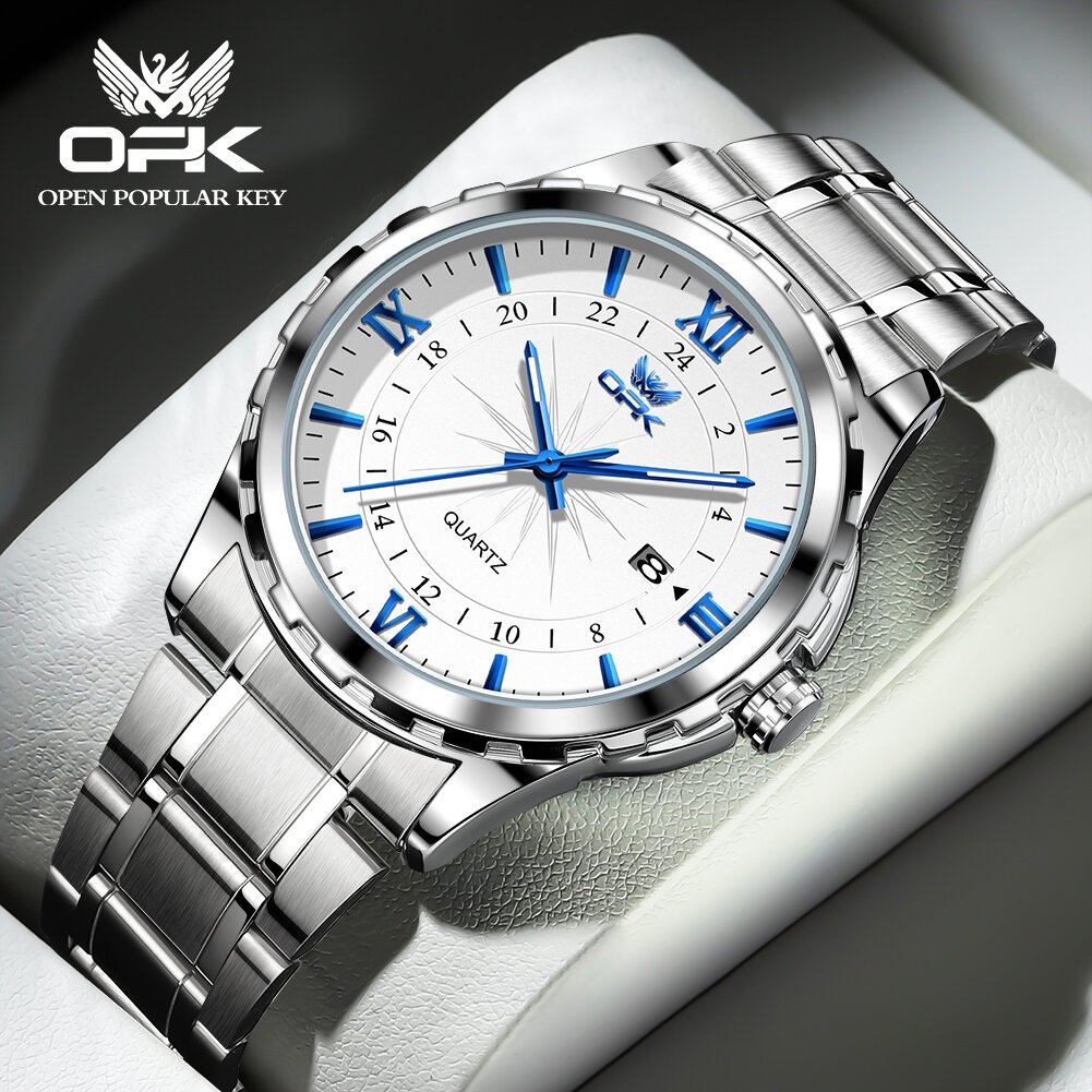 opk brand steel belt dual calendar men's quartz watch 6003