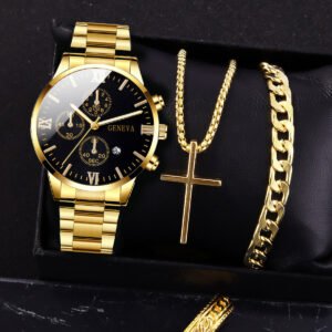 4pcs gold alloy roman with calendar men's quartz watch and cross necklace bracelet ring set selected gift，boxes not included