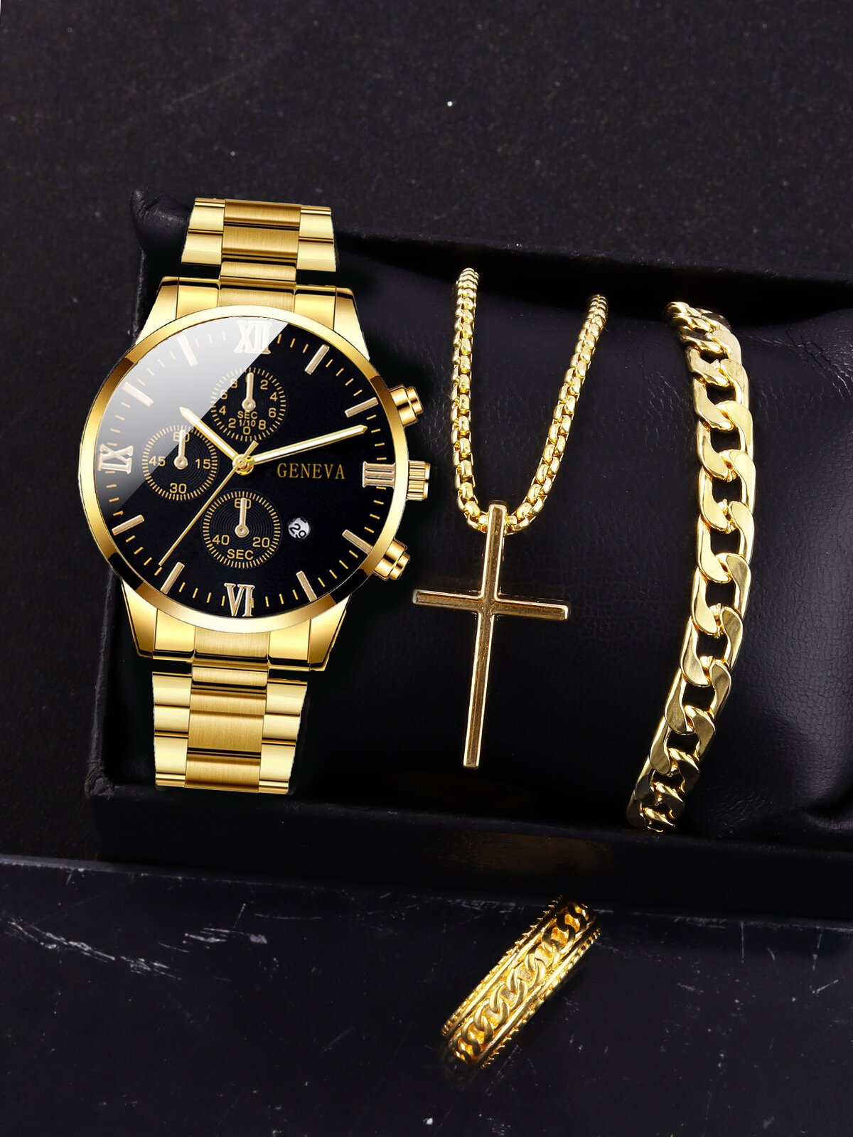 4pcs gold alloy roman with calendar men's quartz watch and cross necklace bracelet ring set selected gift,boxes not included 4pcs gold alloy roman with calendar men's quartz watch and cross necklace bracelet ring set selected gift,boxes not included