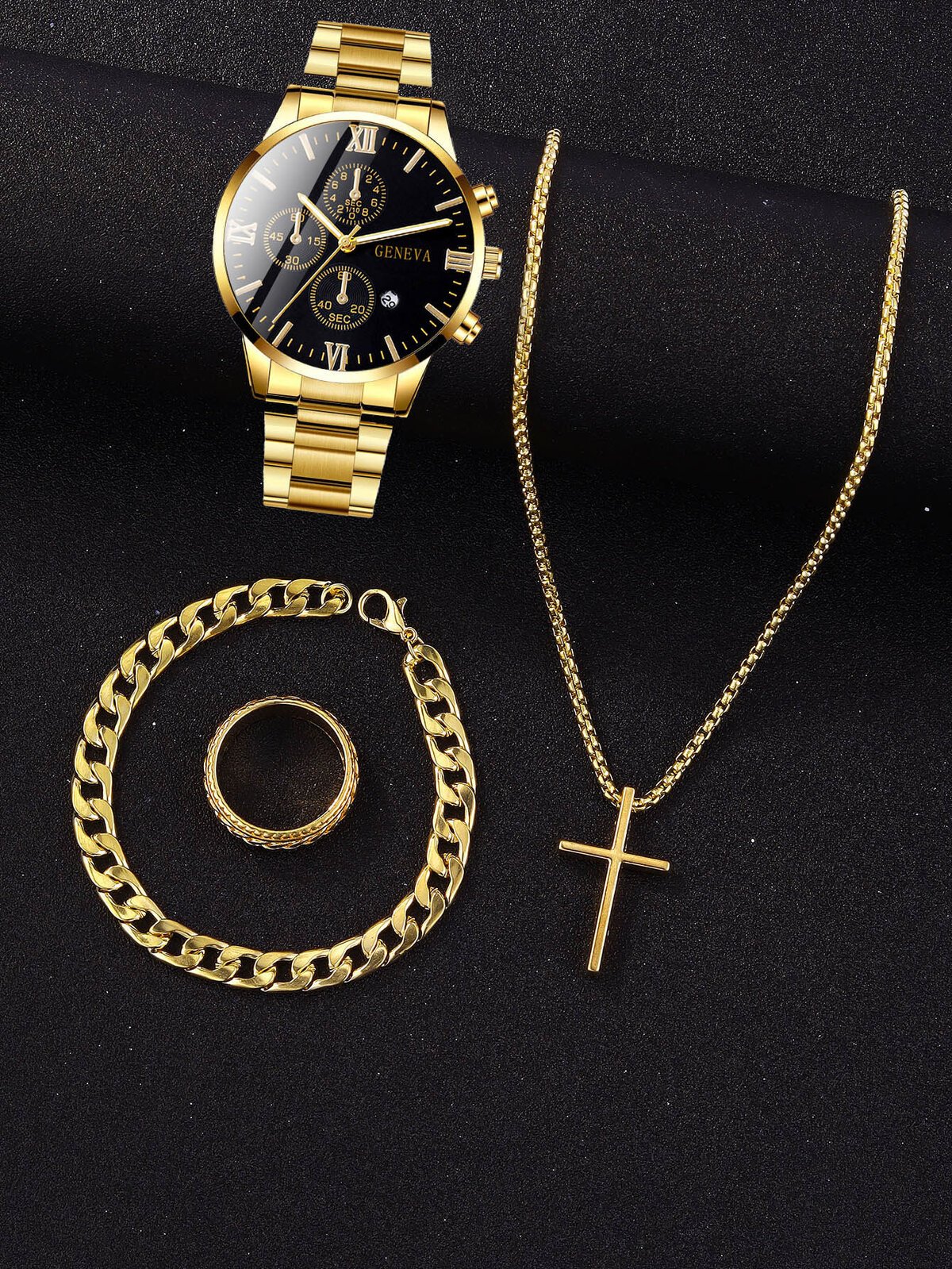 4pcs gold alloy roman with calendar men's quartz watch and cross necklace bracelet ring set selected gift,boxes not included 4pcs gold alloy roman with calendar men's quartz watch and cross necklace bracelet ring set selected gift,boxes not included