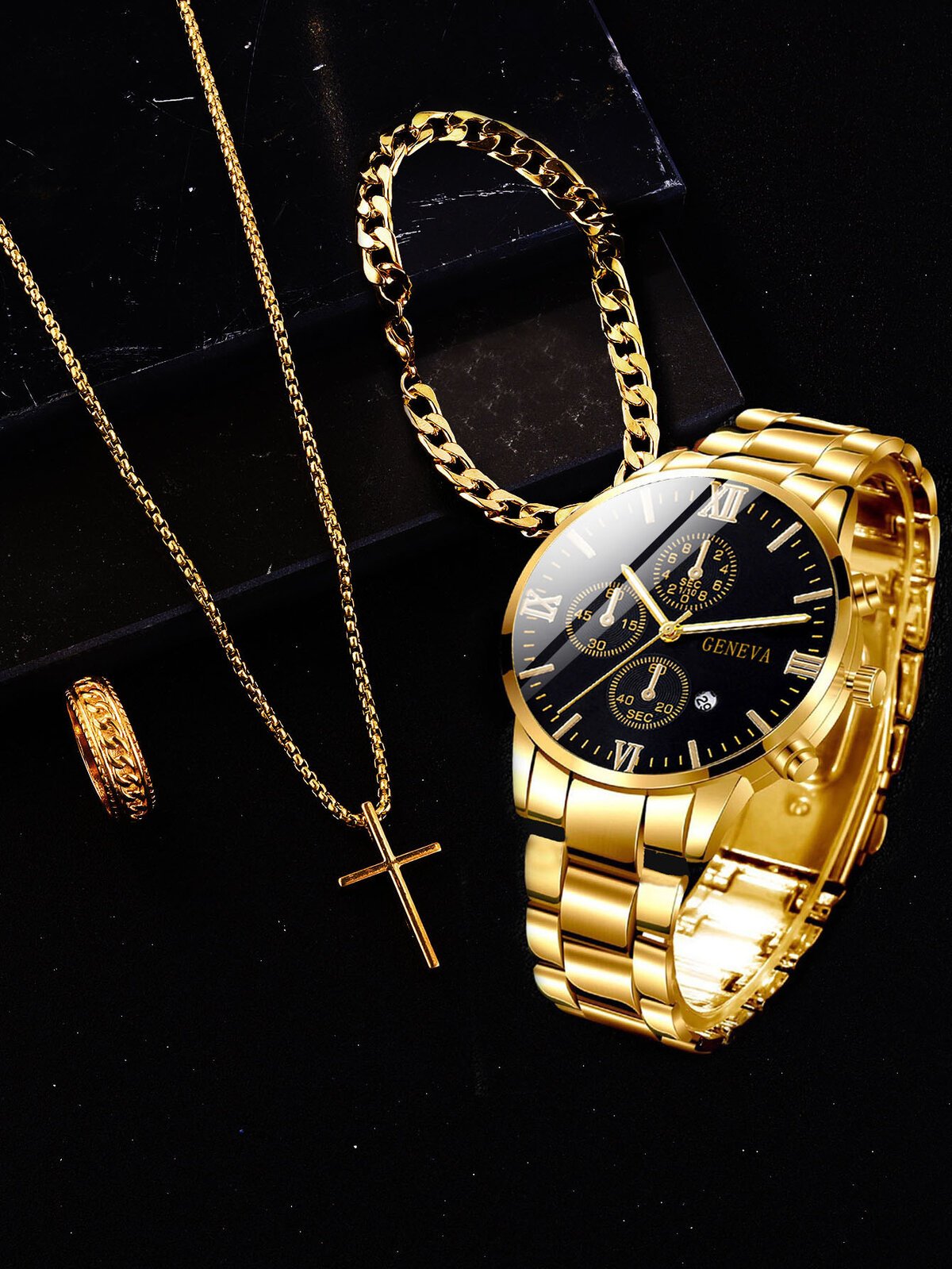 4pcs gold alloy roman with calendar men's quartz watch and cross necklace bracelet ring set selected gift,boxes not included 4pcs gold alloy roman with calendar men's quartz watch and cross necklace bracelet ring set selected gift,boxes not included