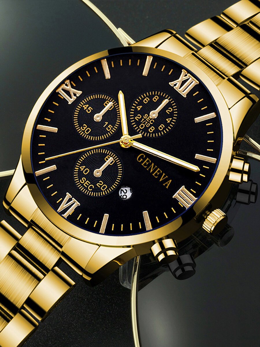 4pcs gold alloy roman with calendar men's quartz watch and cross necklace bracelet ring set selected gift,boxes not included 4pcs gold alloy roman with calendar men's quartz watch and cross necklace bracelet ring set selected gift,boxes not included