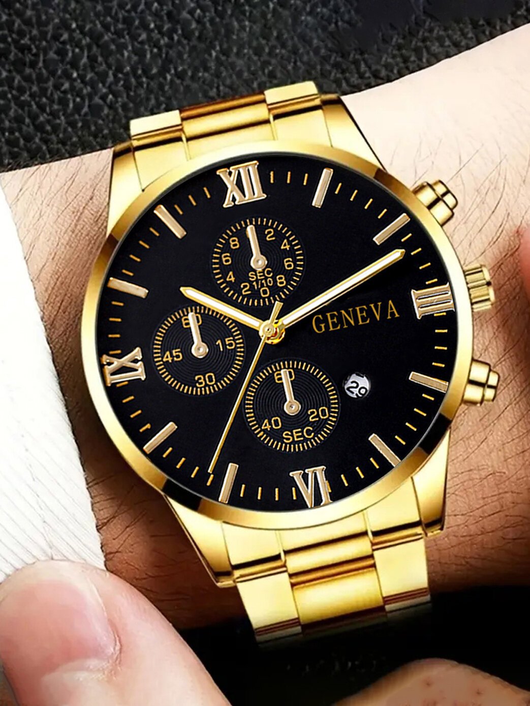 4pcs gold alloy roman with calendar men's quartz watch and cross necklace bracelet ring set selected gift,boxes not included 4pcs gold alloy roman with calendar men's quartz watch and cross necklace bracelet ring set selected gift,boxes not included