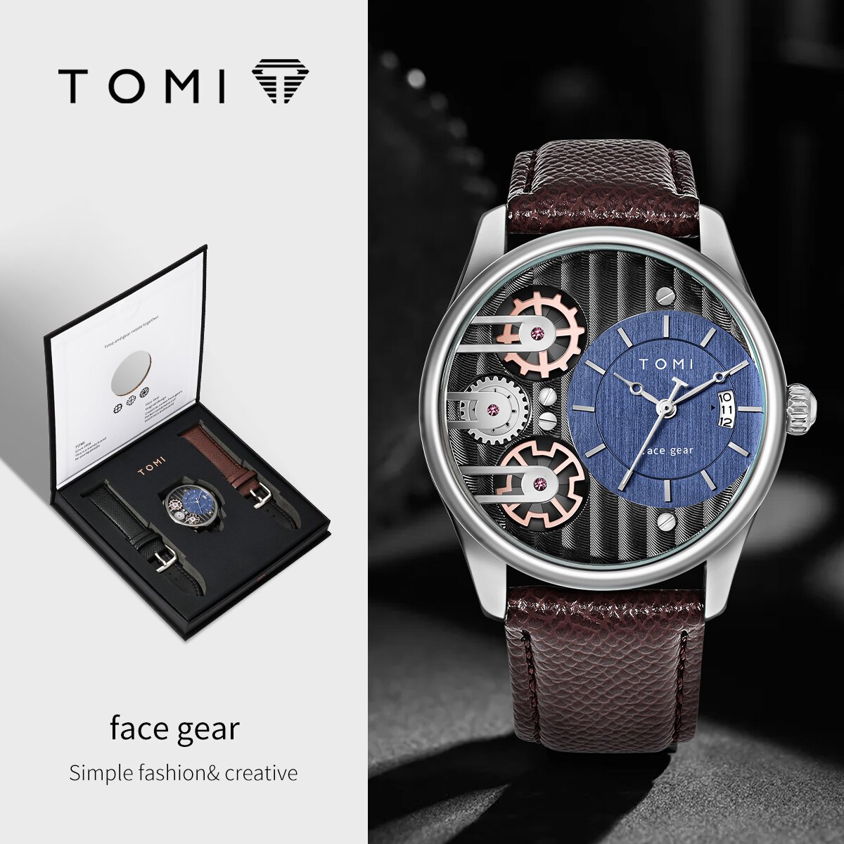 tomi men's gift box combination set watch luxury and simple business detachable strap quartz watch men's watch festival gift