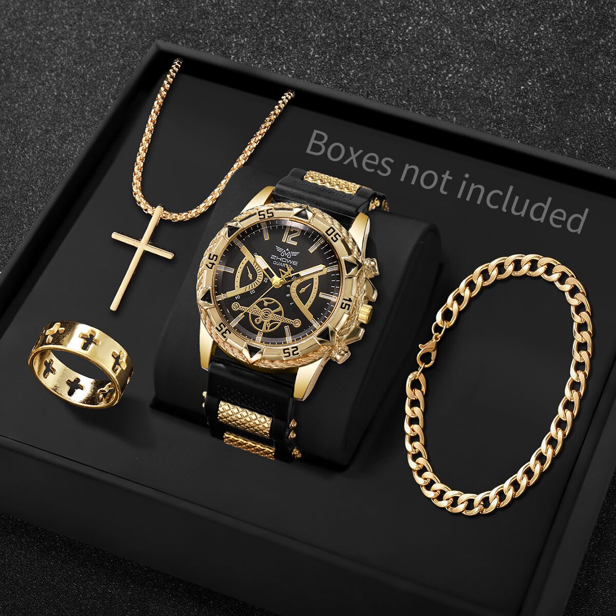 4pcs fashion arabic dial men business quartz watch casusilicone strap wristwatch with necklace set reloj hombre (without box) 4pcs fashion arabic dial men business quartz watch casusilicone strap wristwatch with necklace set reloj hombre (without box)