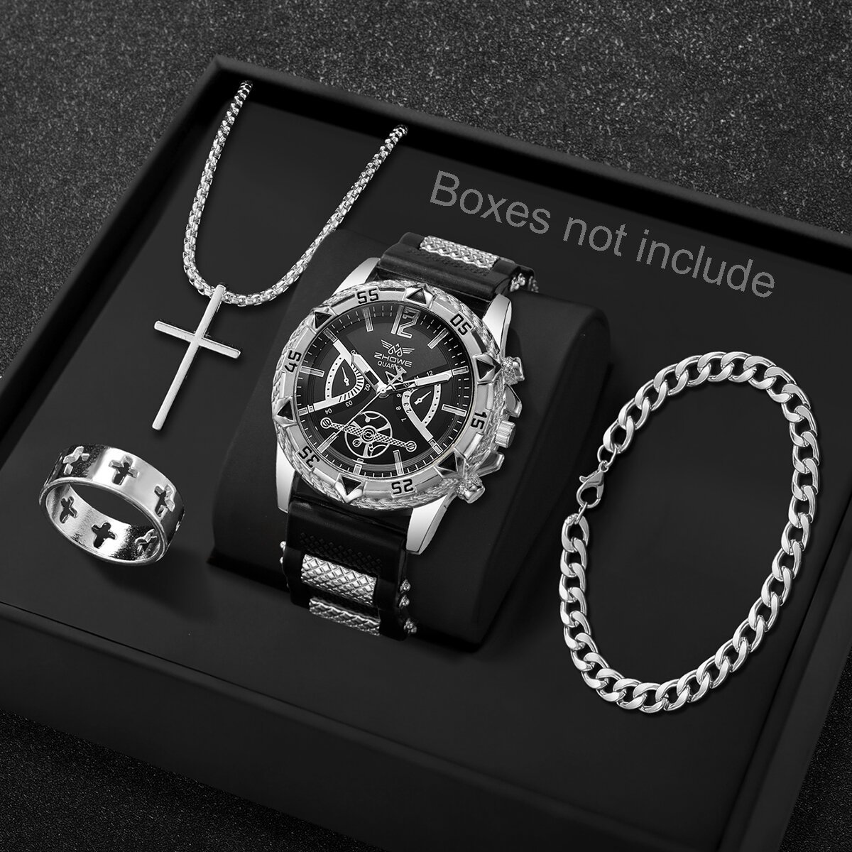 4pcs fashion arabic dial men business quartz watch casusilicone strap wristwatch with necklace set reloj hombre (without box) 4pcs fashion arabic dial men business quartz watch casusilicone strap wristwatch with necklace set reloj hombre (without box)