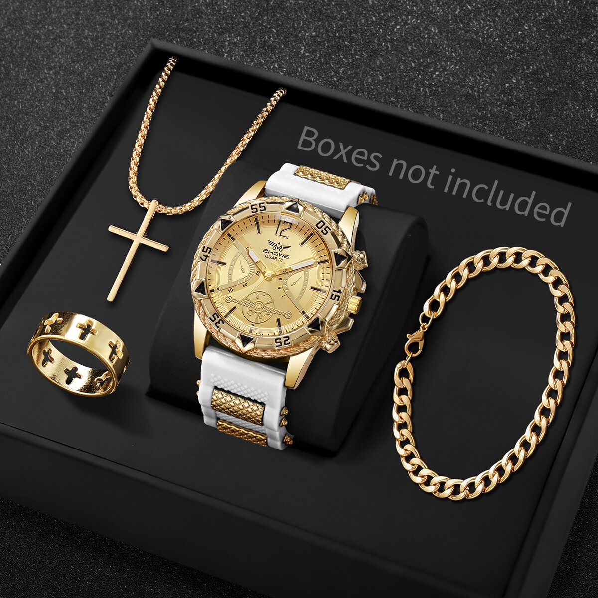 4pcs fashion arabic dial men business quartz watch casusilicone strap wristwatch with necklace set reloj hombre (without box) 4pcs fashion arabic dial men business quartz watch casusilicone strap wristwatch with necklace set reloj hombre (without box)