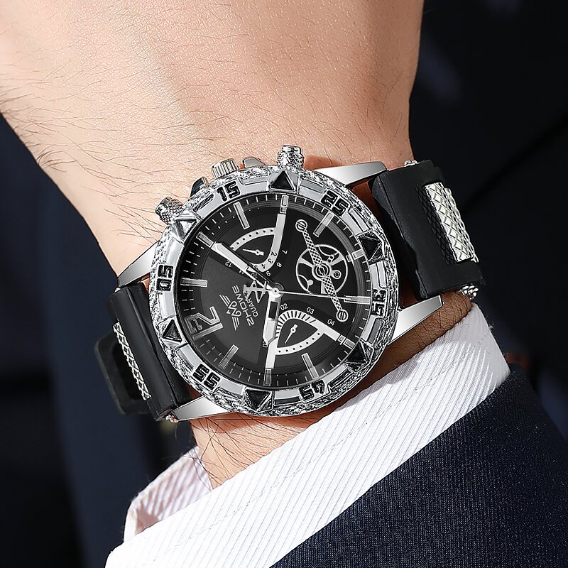 4pcs fashion arabic dial men business quartz watch casusilicone strap wristwatch with necklace set reloj hombre (without box) 4pcs fashion arabic dial men business quartz watch casusilicone strap wristwatch with necklace set reloj hombre (without box)