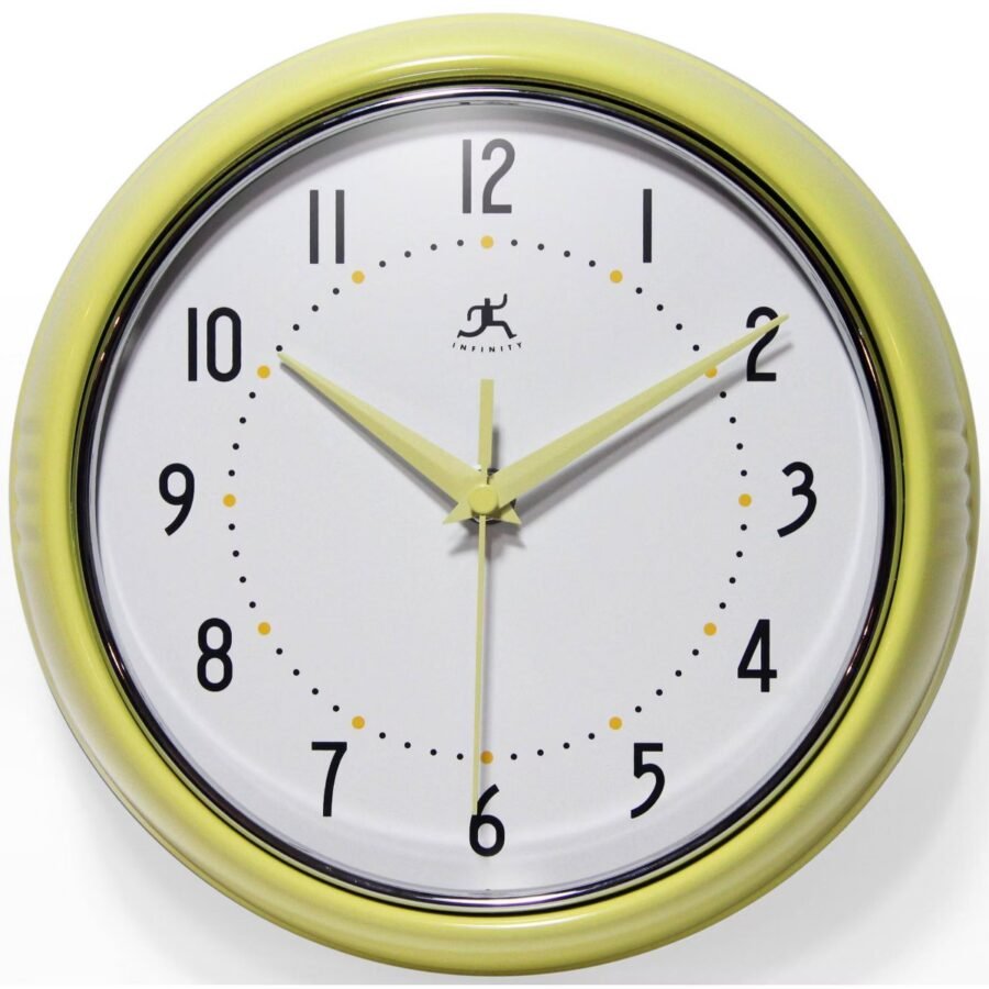 9.5" Retro Metal Wall Clock Yellow