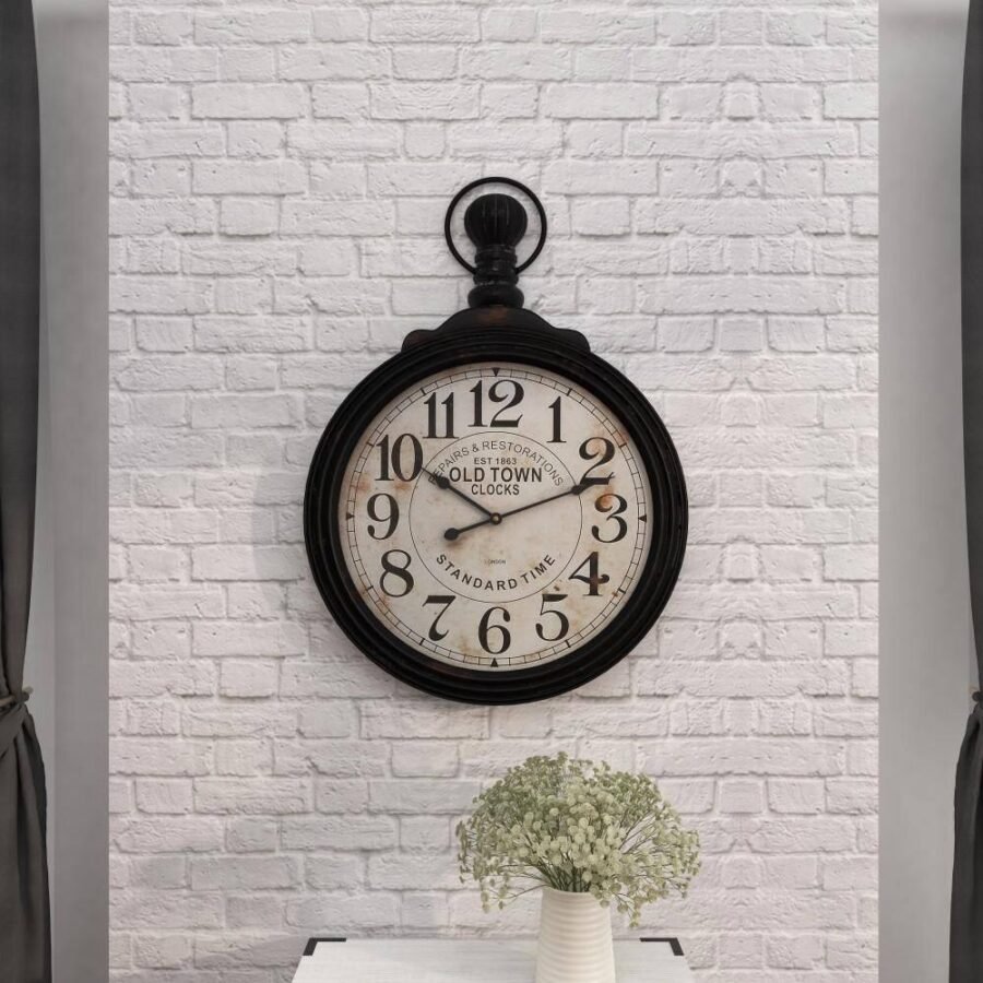 DecMode Vintage Wood Brown Pocket Watch Inspired Wall Clock 28 W x 39 H